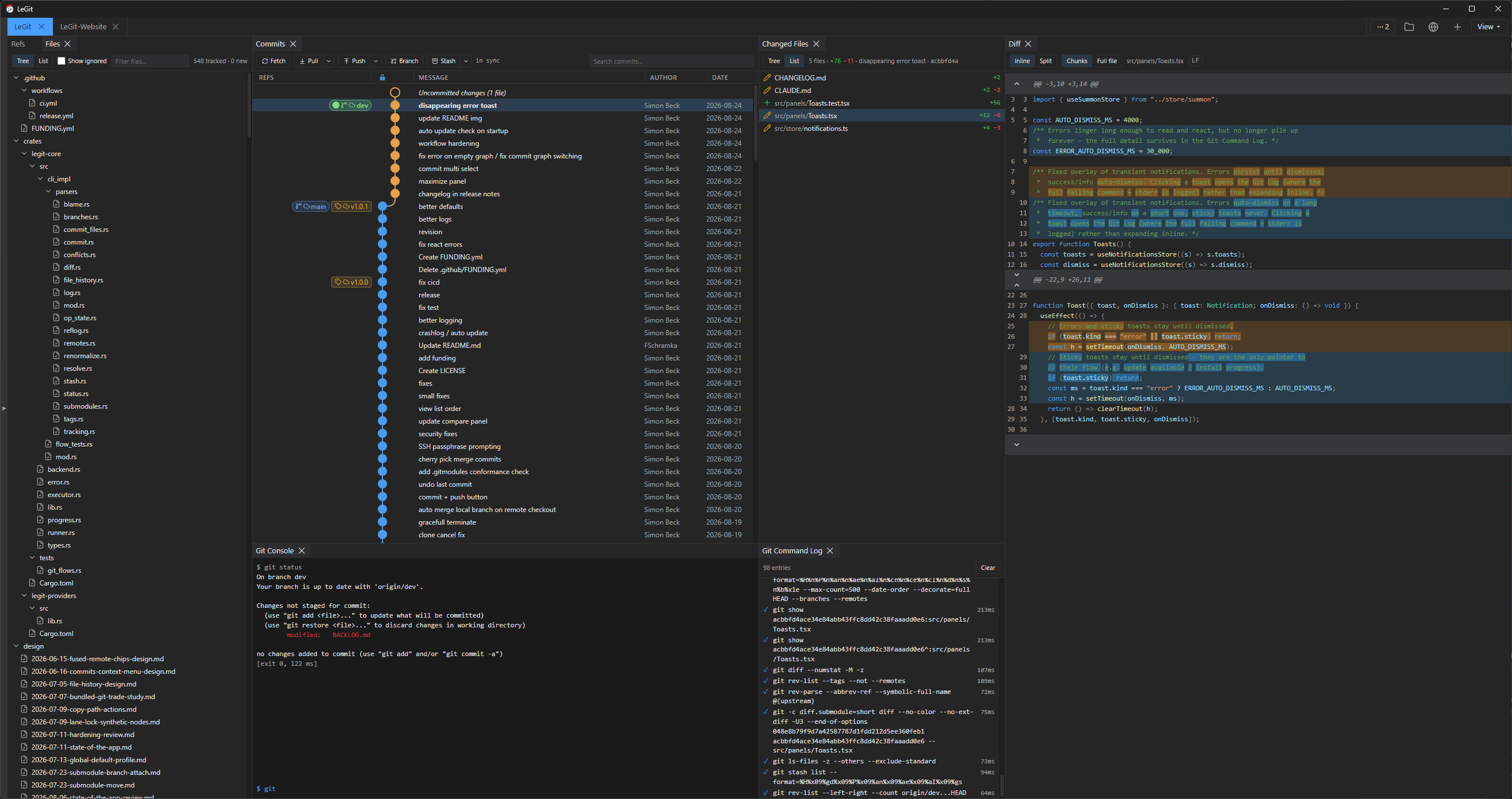 The LeGit window: branch list, commit graph, changed files and a side-by-side diff.